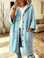 Cozy Hooded Knit Art Casual Pockets Stylish 3/4 Sleeve Cardigan Coat