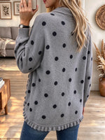 Women's Elegant Polka Dot Print Ruffled Collar Knit Cardigan