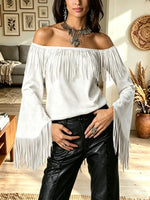 Women's Off-the-Shoulder Fringe Bell Sleeve Suede Top