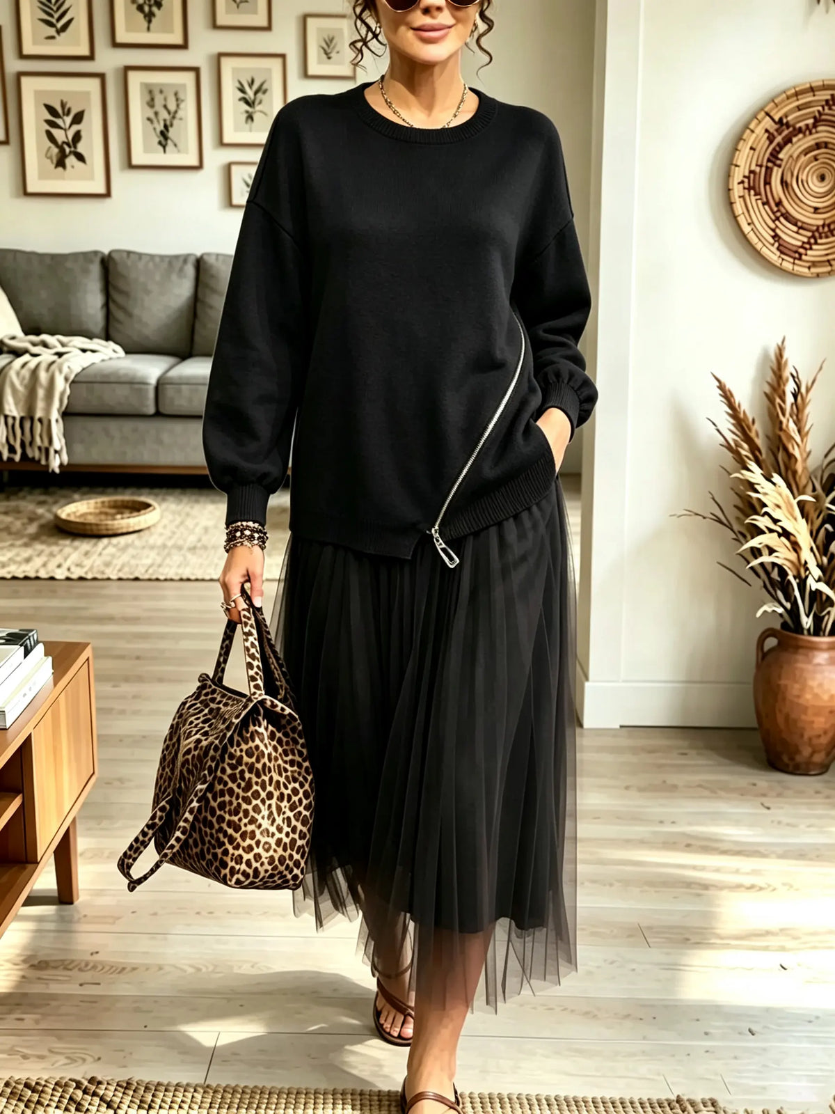 Women's Zipper Accent Sweater Tulle Faux Two-piece Midi Dress