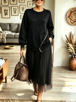 Women's Zipper Accent Sweater Tulle Faux Two-piece Midi Dress