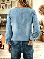Women's Inverted Pleat Button Henley Denim Blouse