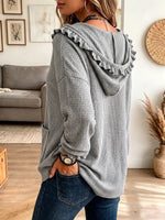 Vintage Elegant Waffle Knit Ruffled Pockets Hoodie Shirt