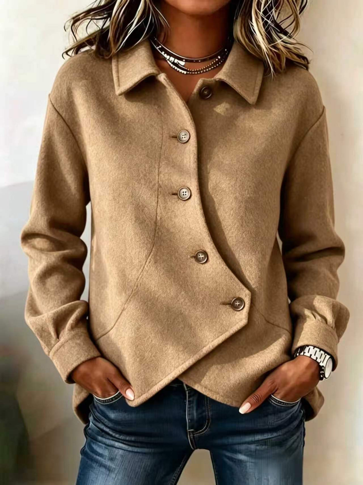Women Camel Asymmetric Button Lapel Soft Wool Blend Jacket