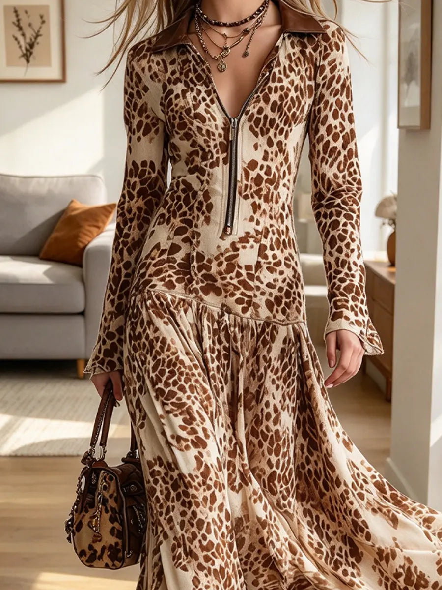 Vintage Chic Leopard Fringe Art Casual Stylish Long Sleeve Dress