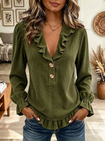 Women's Ruffle V-Neck Button Henley Corduroy Blouse