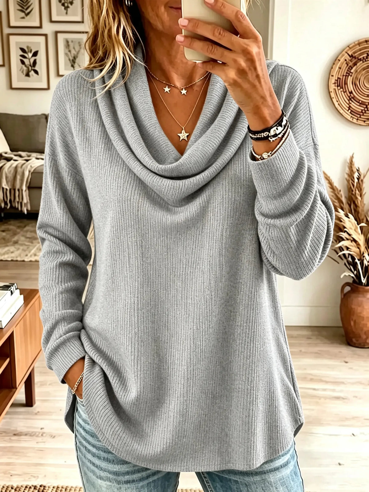 Women's Draped Cowl Neck Ribbed Knit Top