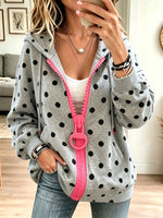 Women Polka Dot Contrast Pink Zipper Full‑Zip Hoodie