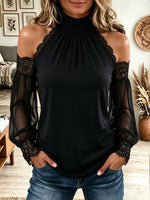 Women Halter Cold Shoulder Lace Trim Chiffon Long Sleeve Blouse