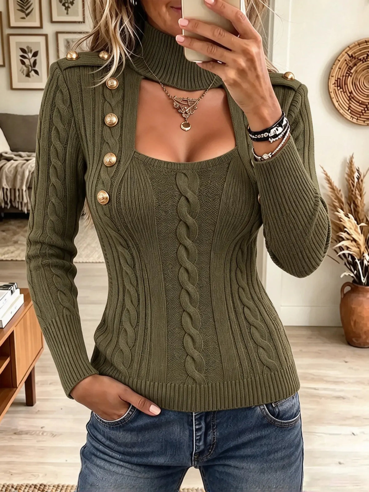 Women's Cutout Turtleneck Cable Knit Sweater