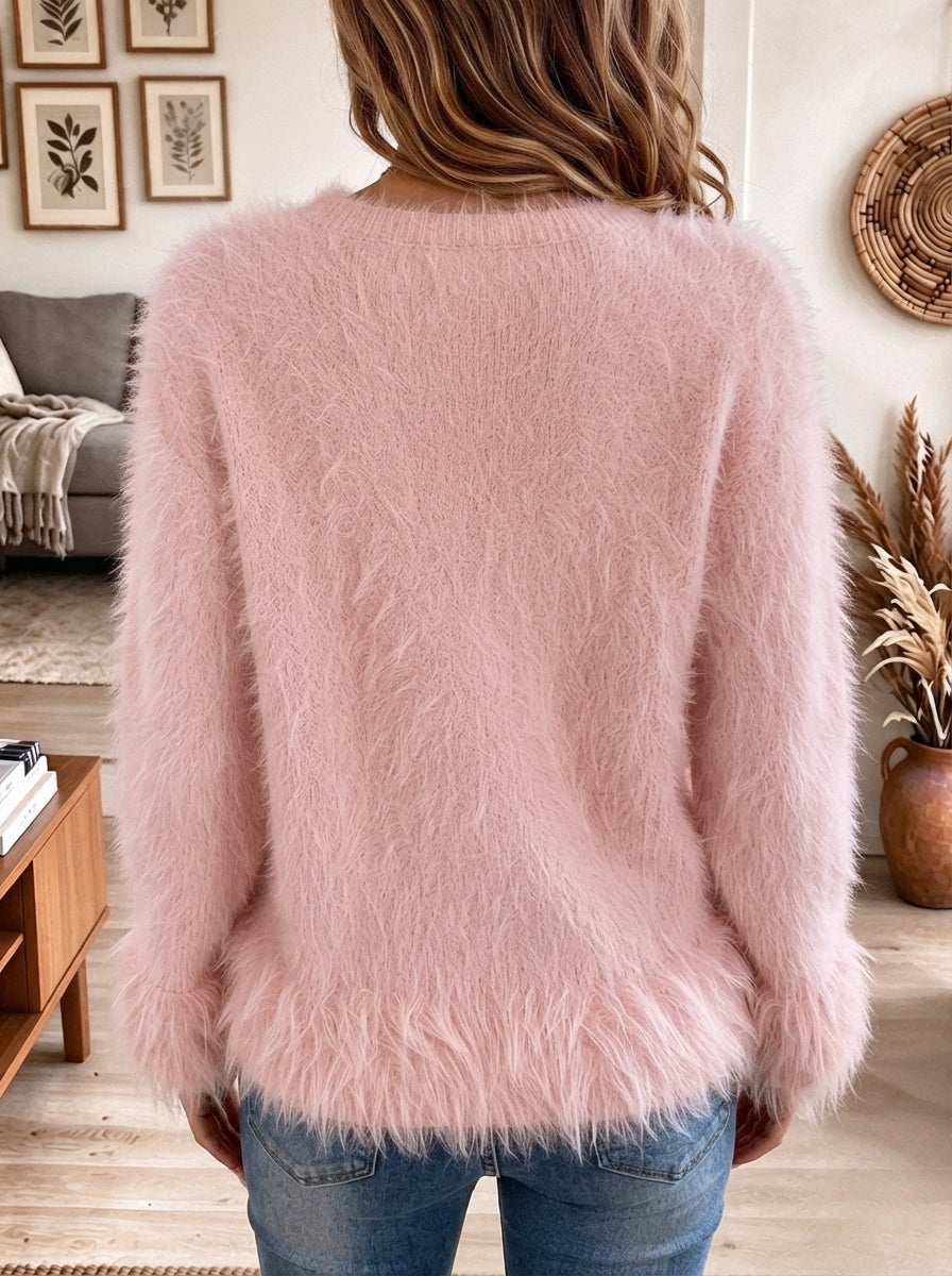 Women's Pink Fluffy Faux Mohair V-Neck Oversized Sweater