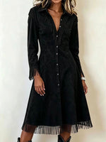Women Western Faux Suede Fringe Long Sleeve Midi Shirt Dress