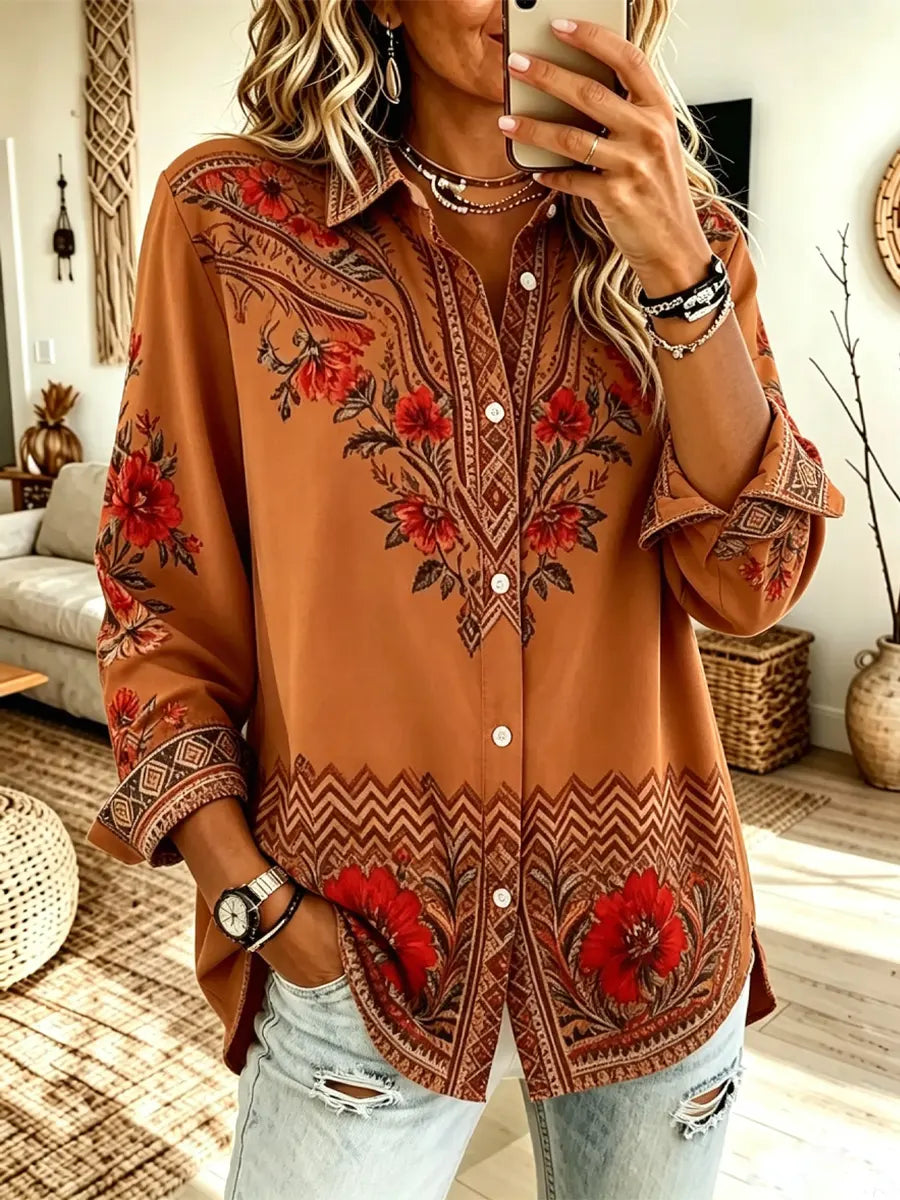 Retro Floral Pattern Art Print Casual Stylish Long Sleeve Cotton Linen Shirt