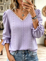 Women's Eyelet Lace Trim V-Neck Blouse