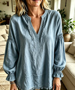 Women Boho Fringe V‑Neck Puff Long Sleeve Blouse Top