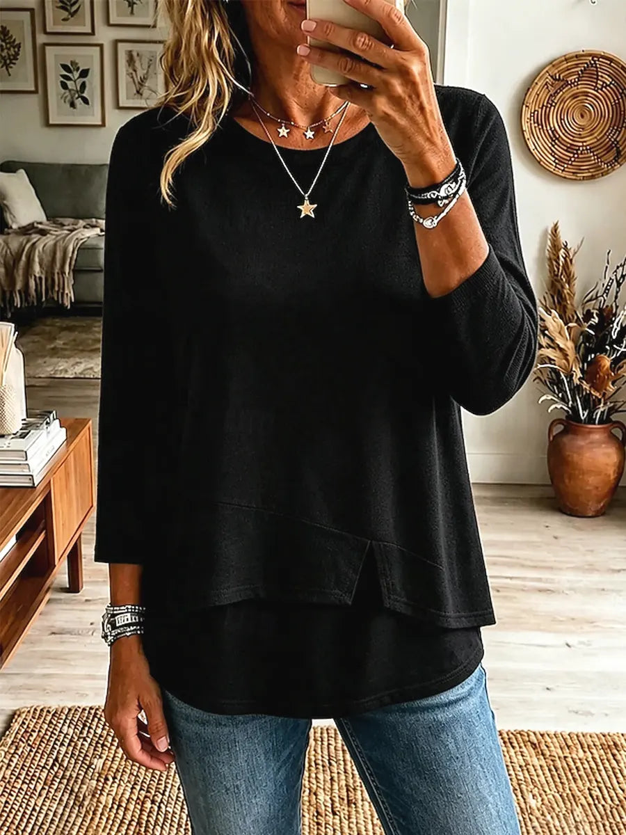 Solid Color Asymmetrical Hem Art Casual Stylish 3/4 Sleeve Cotton Shirt