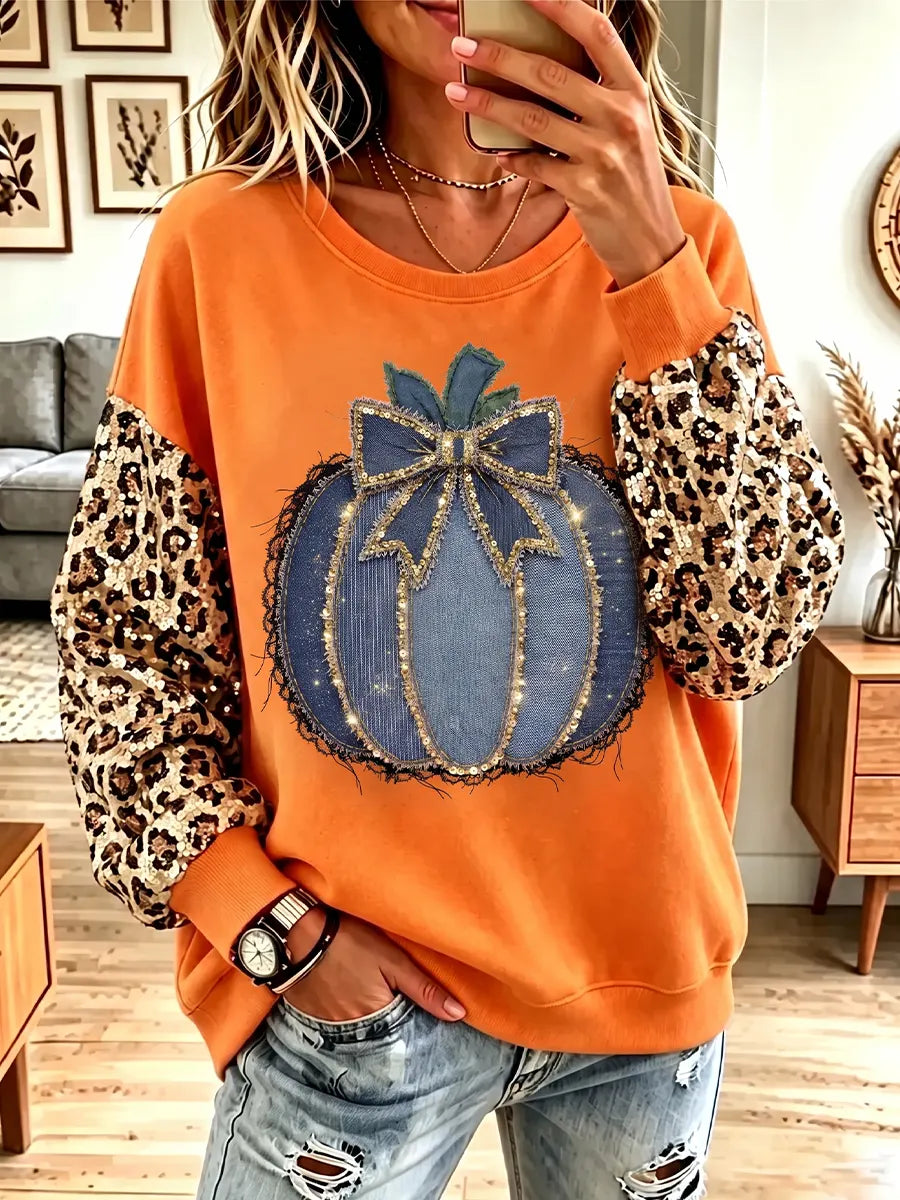 Vintage Elegant Sparkling Halloween Pumpkin Leopard Print Sweatshirt