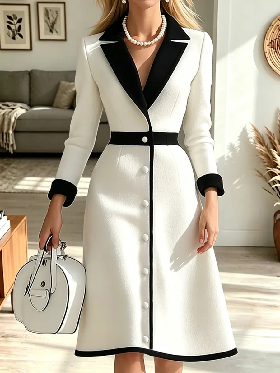 Retro Elegant Lapel Color Block Art Casual Stylish Long Sleeve Midi Dress