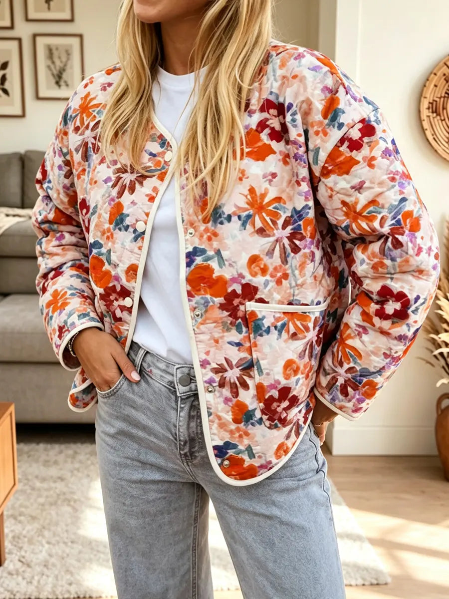 Retro Floral Pattern Art Casual Stylish Long Sleeve Quilted Coat