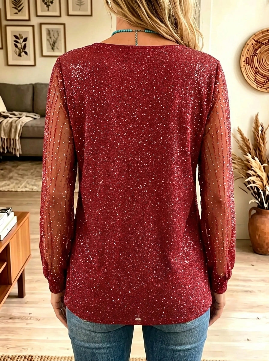 Women's Glitter Cowl Neck Sheer Sleeve Tunic Blouse