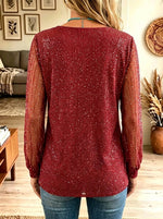 Women's Glitter Cowl Neck Sheer Sleeve Tunic Blouse