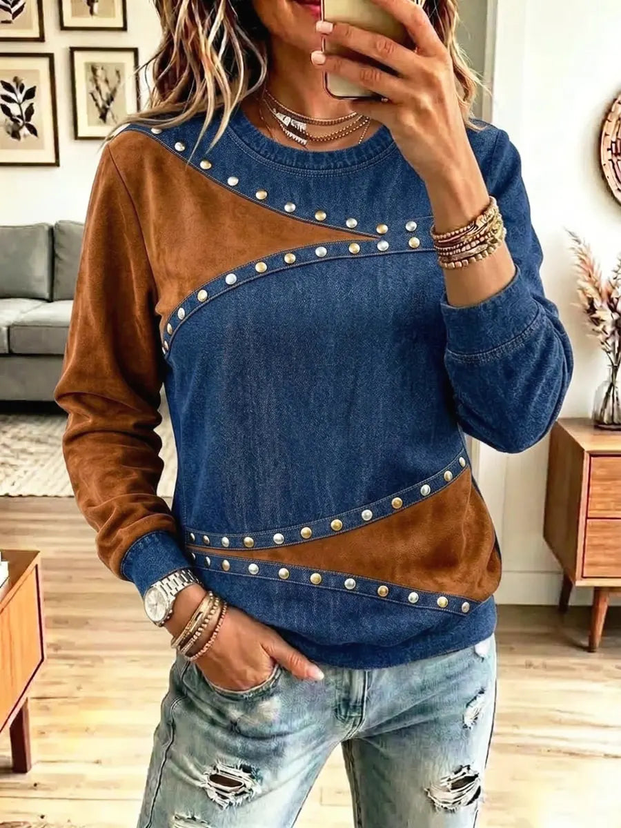 Retro Chic Denim Patchwork Art Casual Stylish Long Sleeve Shirt