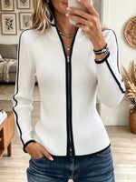 Women's Contrast Piping Full-Zip Ribbed Knit Jacket