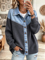 Women's Denim Patchwork Button-Front Knit Cardigan