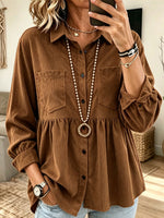 Women Corduroy Lapel Collar Babydoll Button‑Down Long Sleeve Shirt