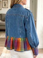 Vintage Elegant Denim Patchwork Plaid Ruffles Jacket