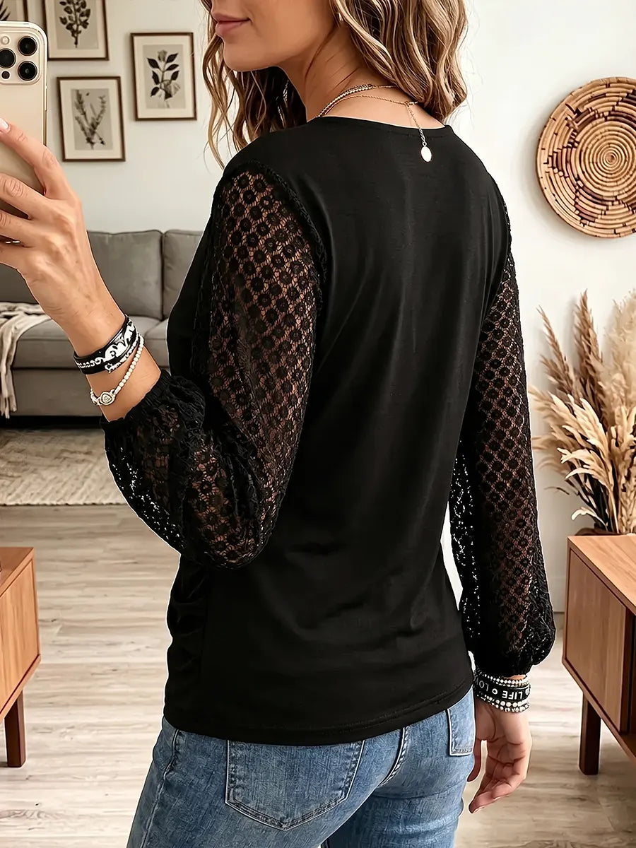 Vintage Elegant Cotton Patchwork Lace Lantern Sleeve Loose Cross T-shirt