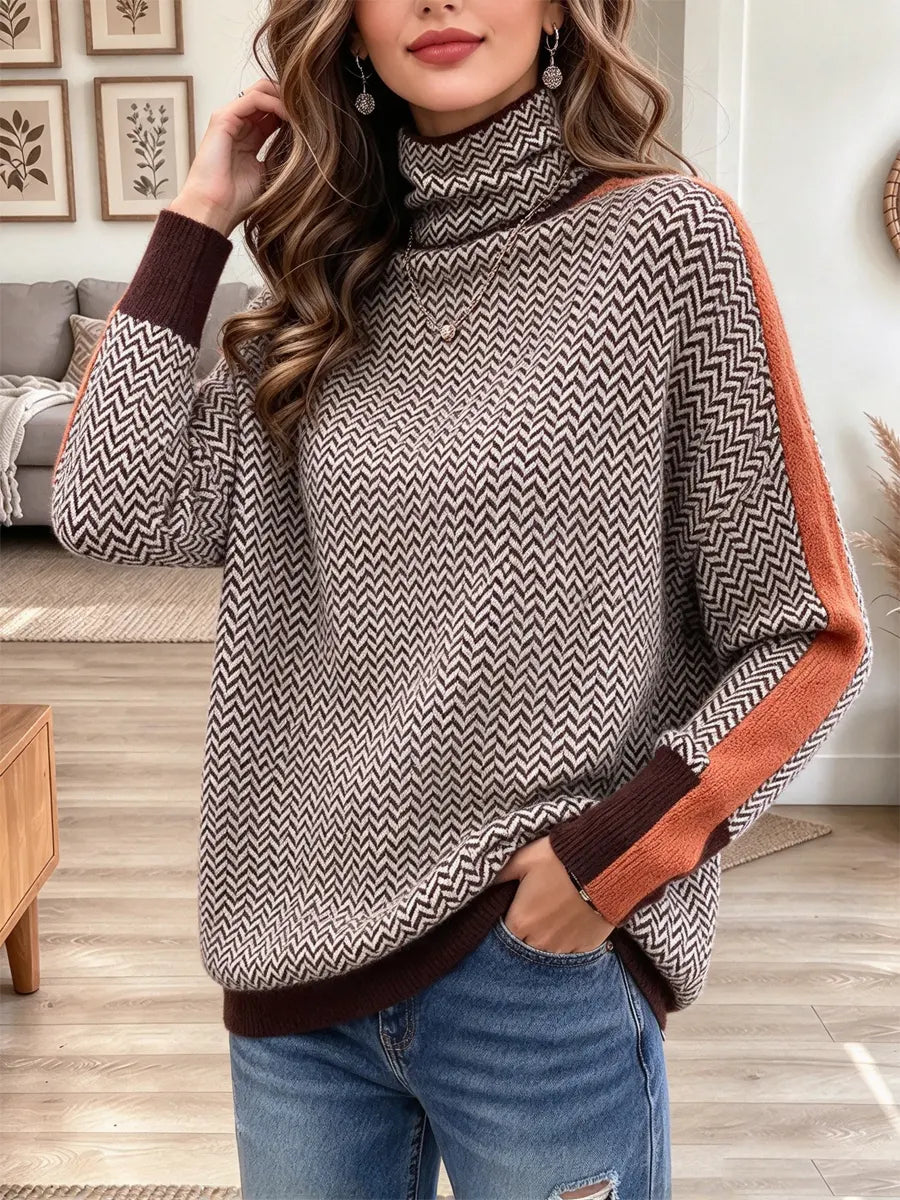 Retro Classic Turtleneck Color Block Art Casual Stylish Long Sleeve Sweater