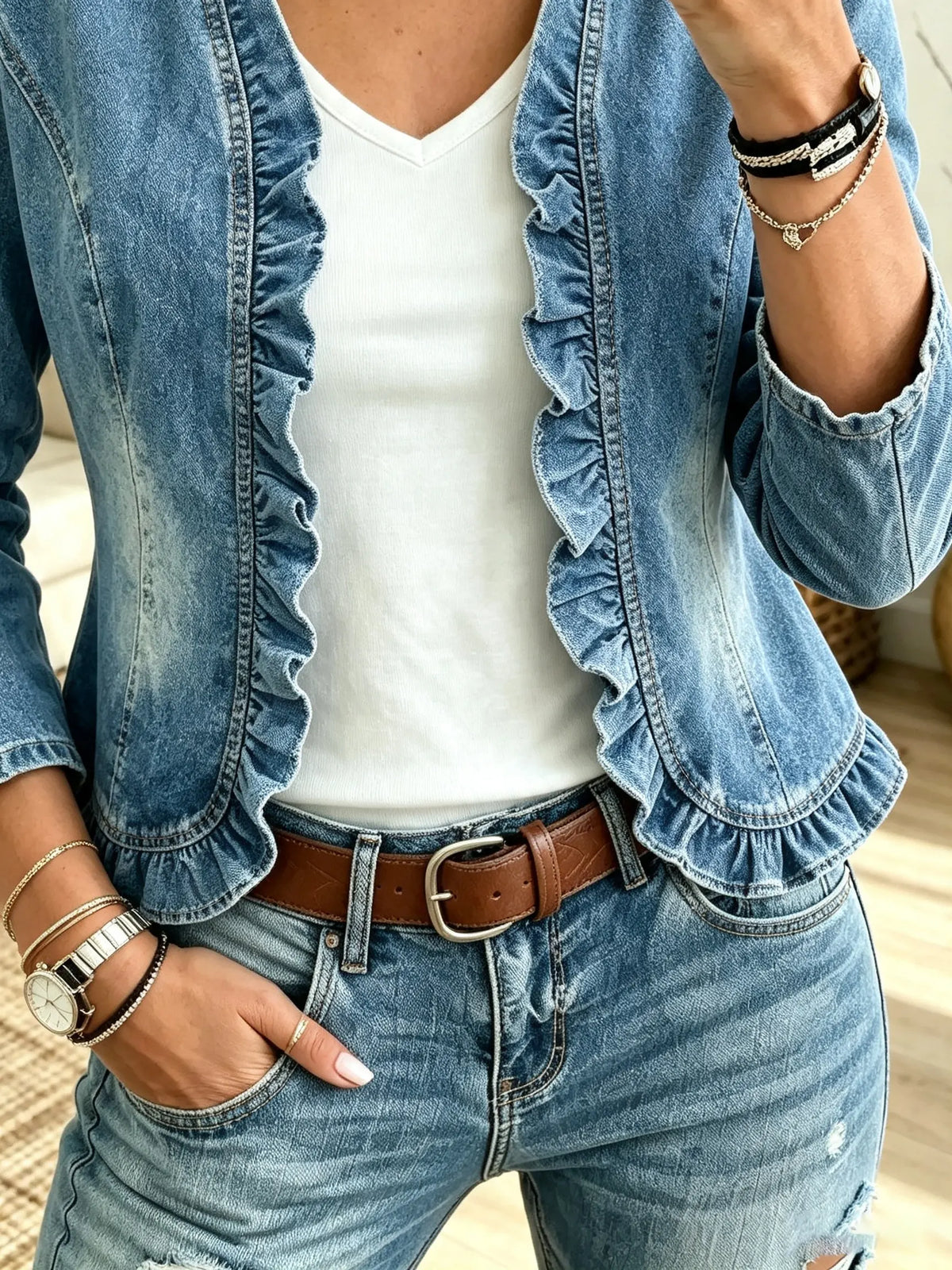 Women's Open-Front Ruffle Trim Denim Blazer