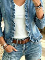 Women's Open-Front Ruffle Trim Denim Blazer
