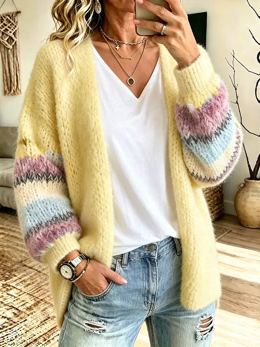 Women's Striped Color-block Mohair Cardigan Sweater