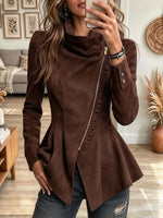 Women's Brown Faux Suede Asymmetric Zip Peplum Jacket