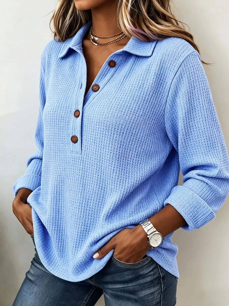 Classic Solid Color Lapel Art Casual Long Sleeve Waffle Shirt
