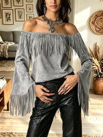 Women's Off-the-Shoulder Fringe Bell Sleeve Suede Top