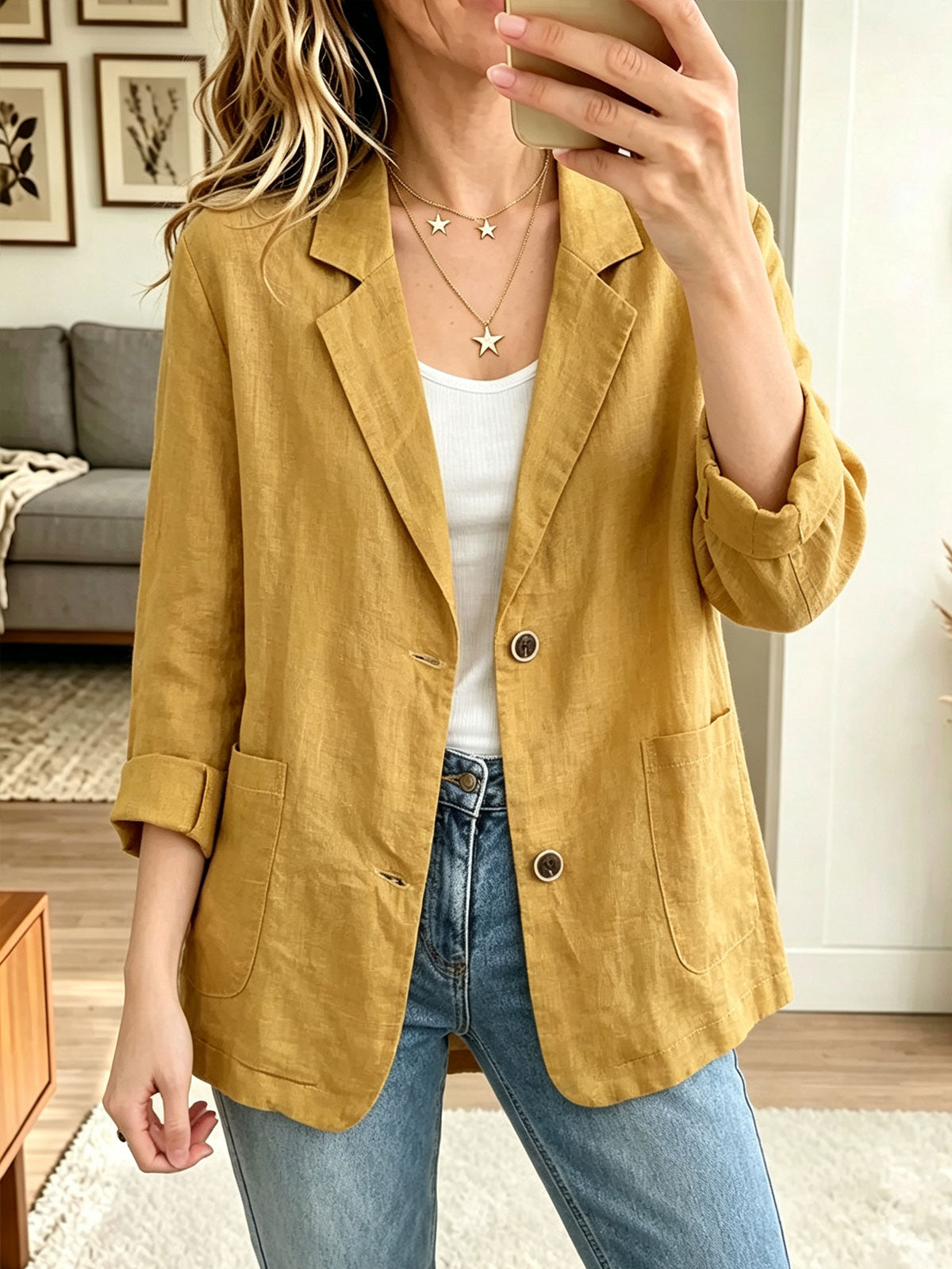 Women Casual Linen Blend Notched Lapel 3/4 Sleeve Blazer Jacket