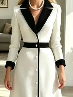 Retro Elegant Lapel Color Block Art Casual Stylish Long Sleeve Midi Dress