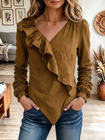 Vintage Elegant Cotton-linen Blend Patchwork Ruffle Shirt
