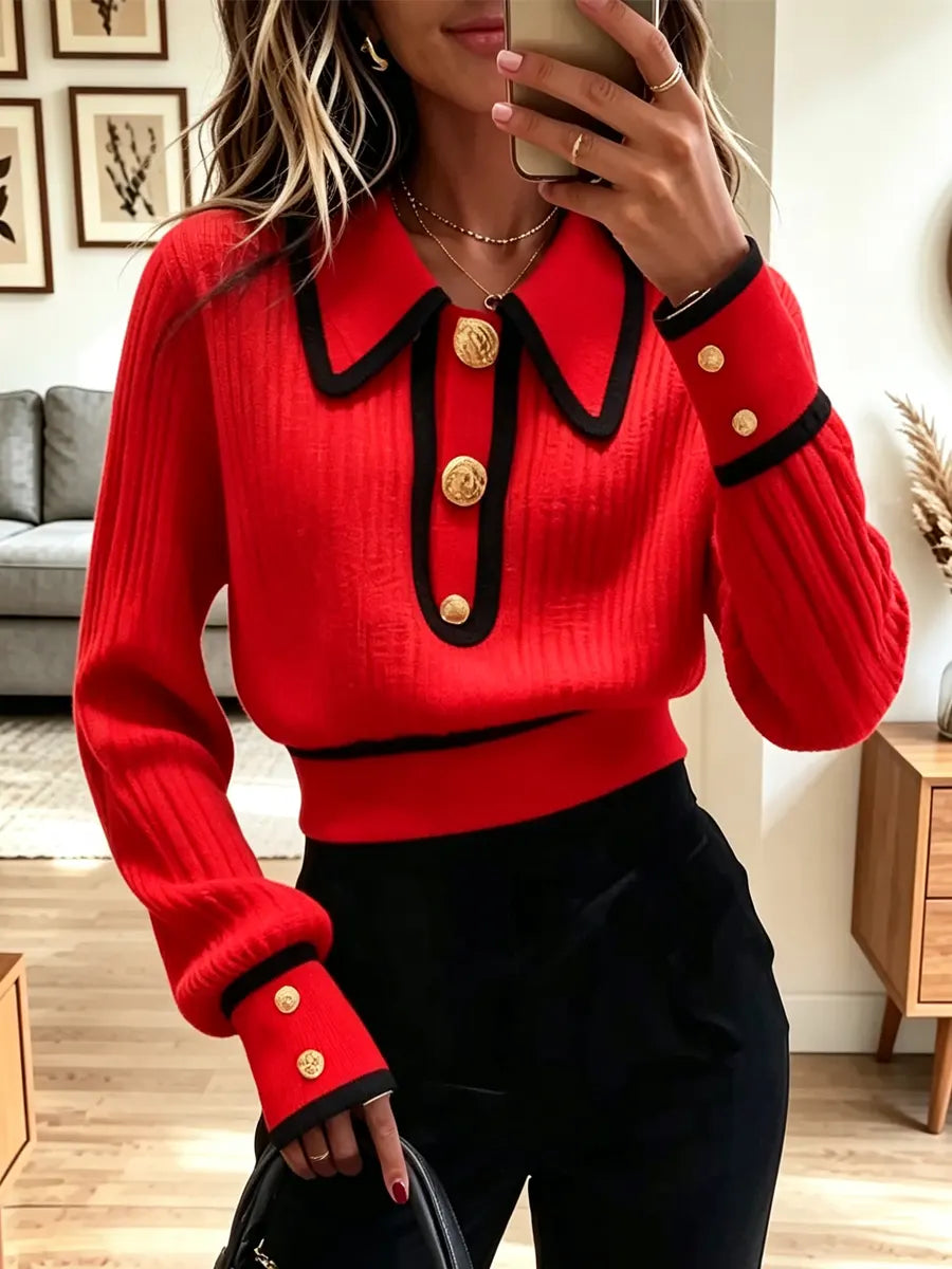 Vintage Chic Contrast Lapel Knit Art Casual Stylish Long Sleeve Sweater