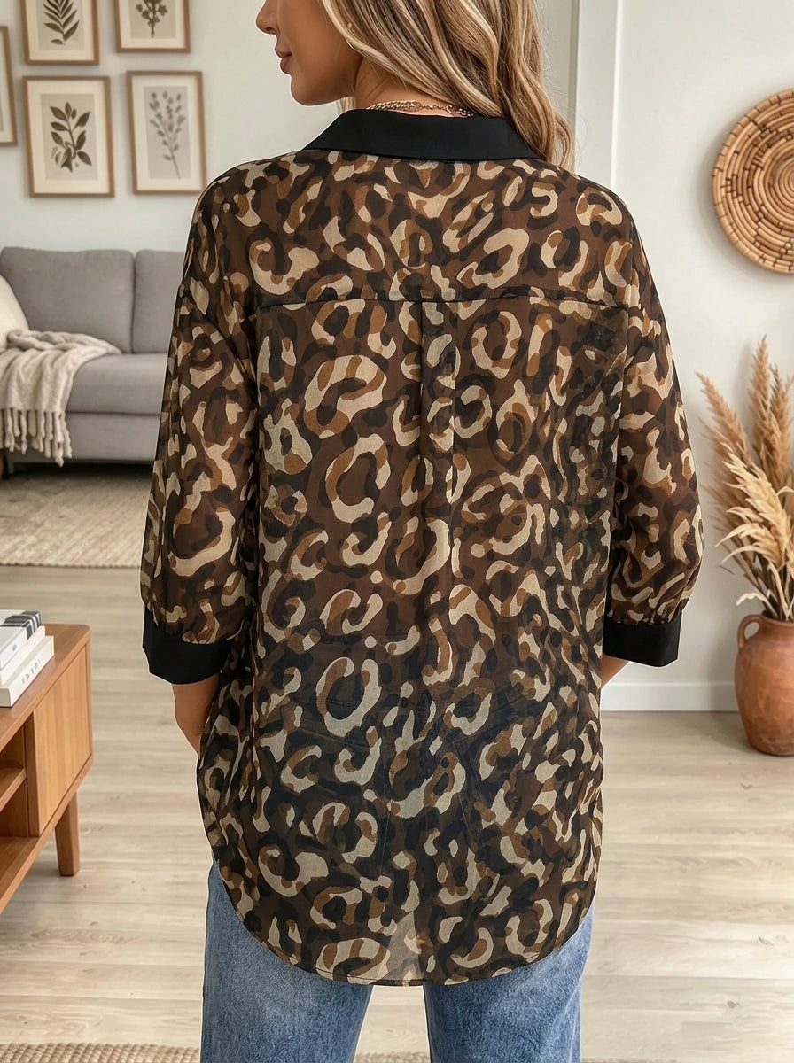 Women's Leopard Print Contrast Collar Chiffon Tunic