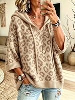 Women Leopard Print 3/4 Sleeve Hooded Knit Top