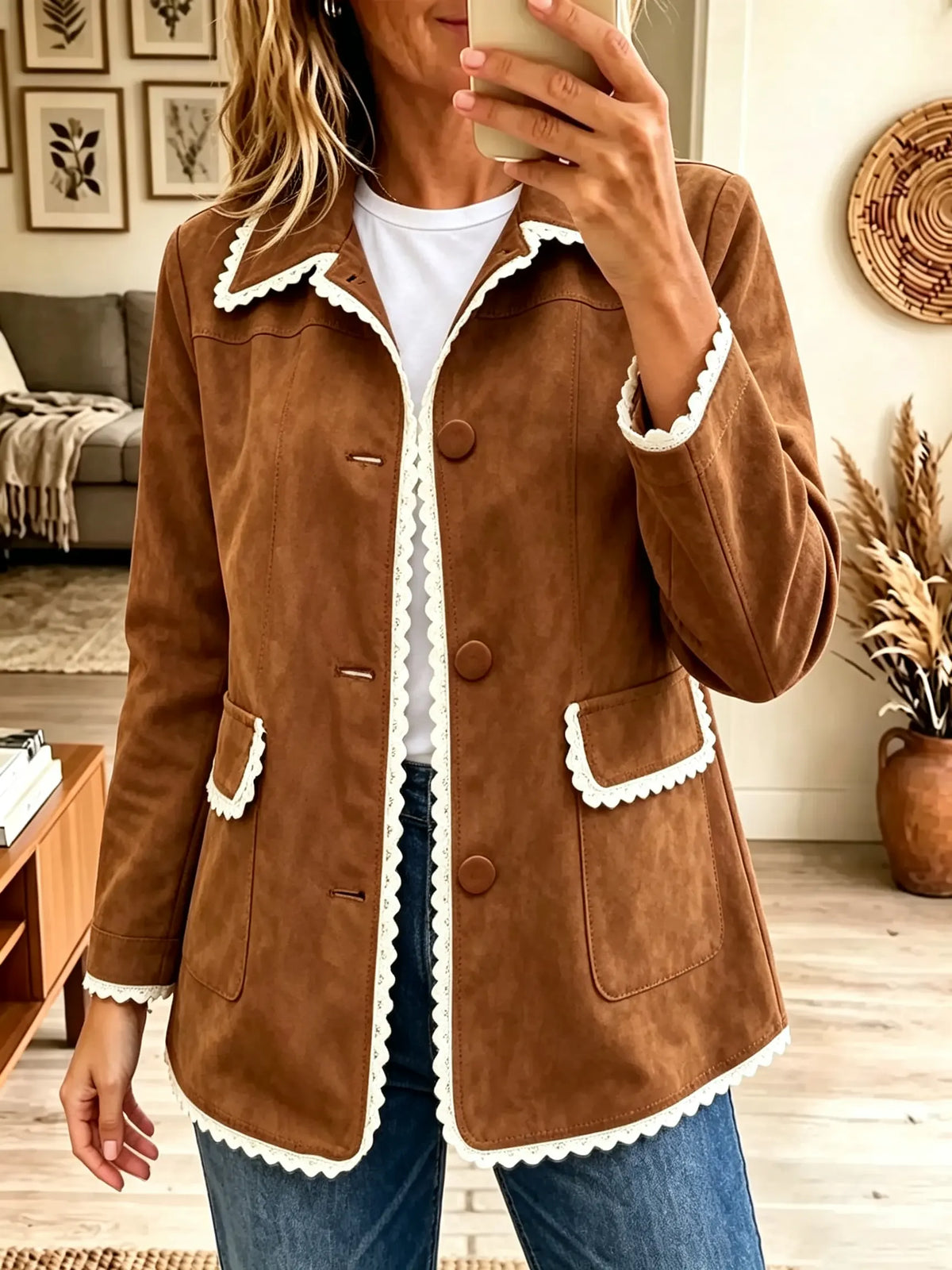 Women's Scalloped Lace Trim Faux Suede Jacket