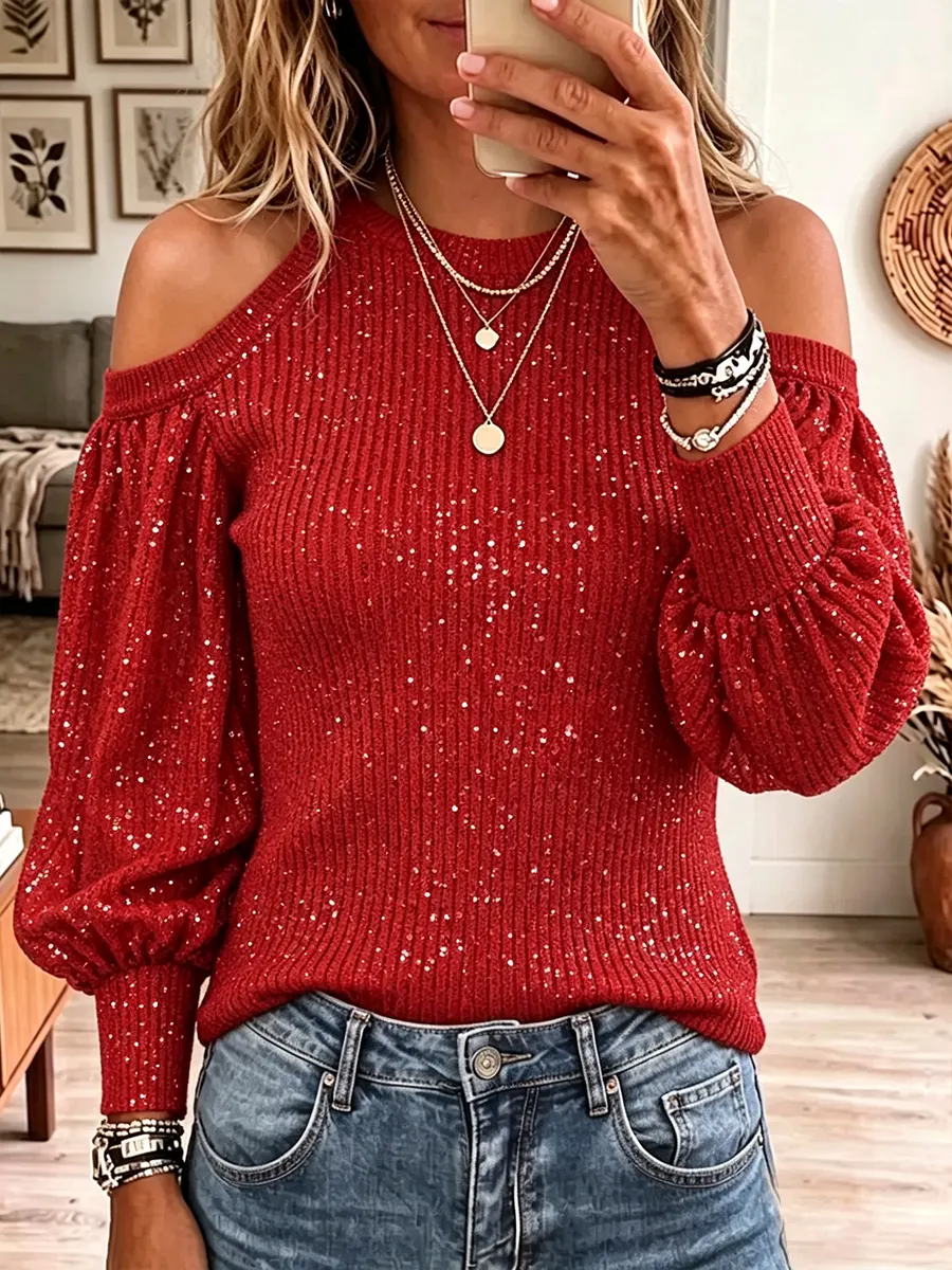 Vintage Elegant Sparkling Off-shoulder Christmas And New Year Sweater