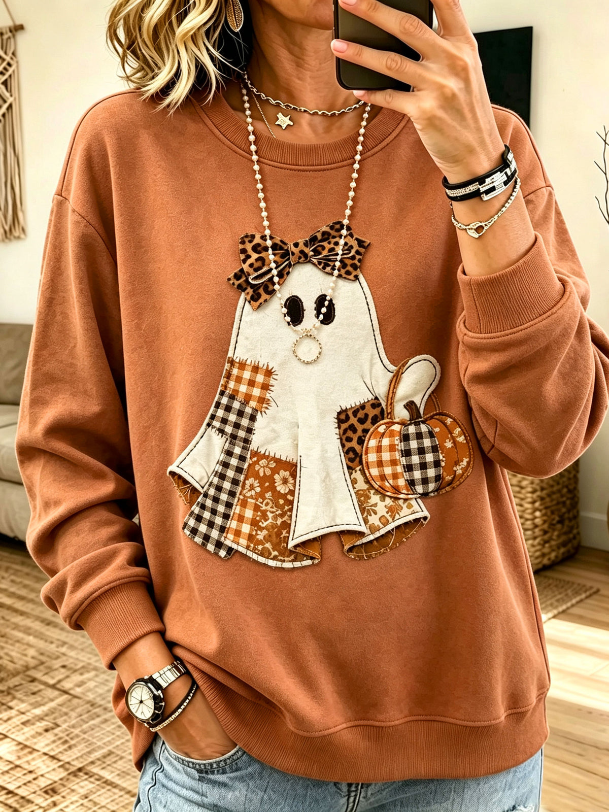 Women Halloween Ghost Patchwork Pumpkin Bow Crewneck Long Sleeve Sweatshirt