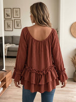 Women Off Shoulder Ruffled Tiered Long Flare Sleeve Casual Tunic Blouse