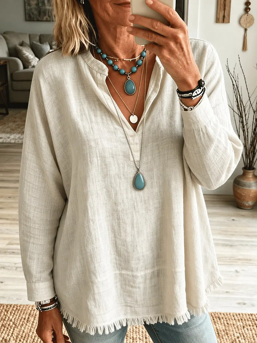Retro Solid Color Art V Collar Casual Long Sleeve Cotton Linen Shirt