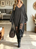 Women's Oversized V Neck Distressed Knit Tunic Dress, Hollow Crochet Asymmetric Hem Sweater Dress